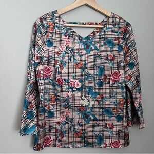Wanko Chic Floral Plaid 3/4 Bell Sleeve Size S/M Blouse EUC